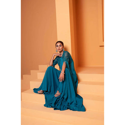 Bani Khurana Turquoise Embellished Jacket and Bustier with Sharara (Set of 3)