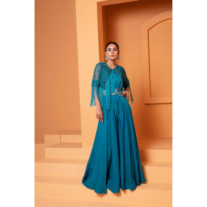 Bani Khurana Turquoise Embellished Jacket and Bustier with Sharara (Set of 3)