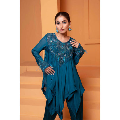 Bani Khurana Teal Embellished Handkerchief Kurti with Dhoti (Set of 2)
