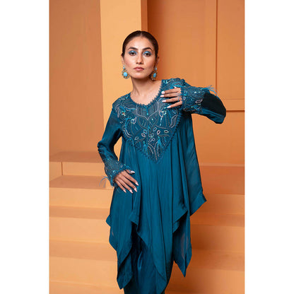 Bani Khurana Teal Embellished Handkerchief Kurti with Dhoti (Set of 2)