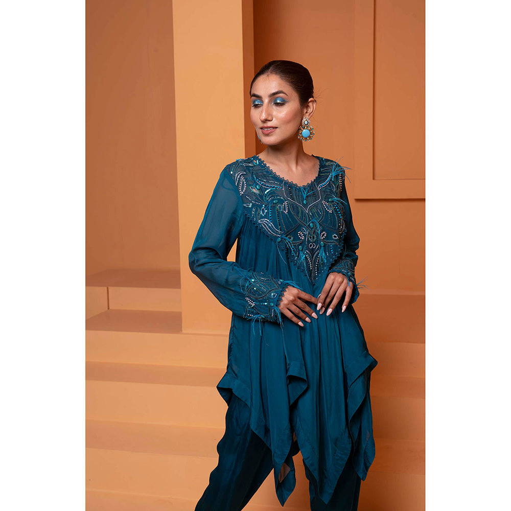 Bani Khurana Teal Embellished Handkerchief Kurti with Dhoti (Set of 2)