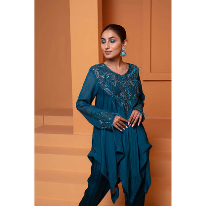 Bani Khurana Teal Embellished Handkerchief Kurti with Dhoti (Set of 2)