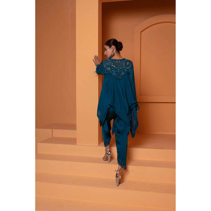 Bani Khurana Teal Embellished Handkerchief Kurti with Dhoti (Set of 2)