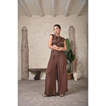 Bani Khurana Cocoa Bloom Embroidered Crop Top and Pant