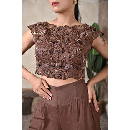 Bani Khurana Cocoa Bloom Embroidered Crop Top and Pant