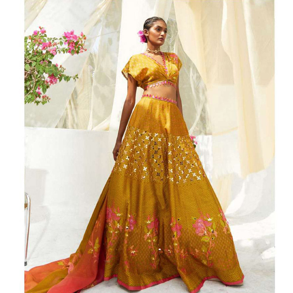 Basil Leaf Yellow Lehenga with Blouse and Dupatta (Set of 3)