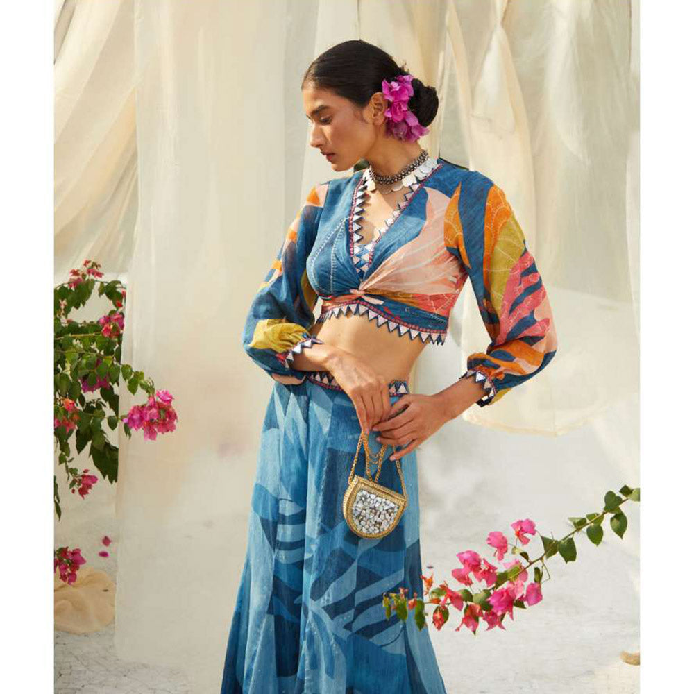 Basil Leaf Blue Palazzo with Crop Top (Set of 2)