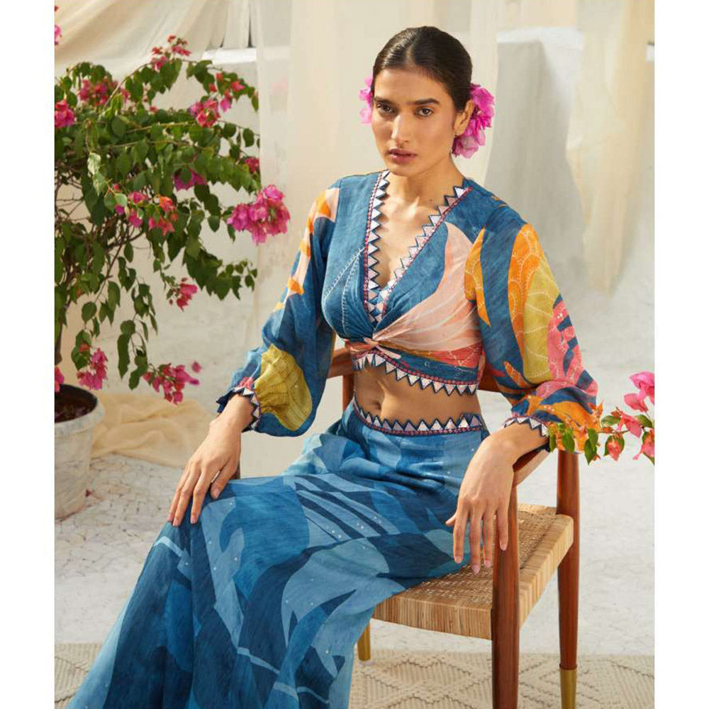 Basil Leaf Blue Palazzo with Crop Top (Set of 2)