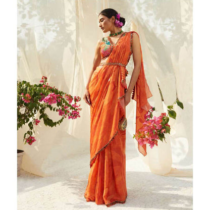 Basil Leaf Orange Pre-Draped Saree with Stitched Blouse and Belt