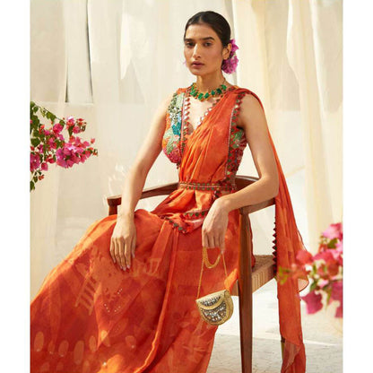 Basil Leaf Orange Pre-Draped Saree with Stitched Blouse and Belt