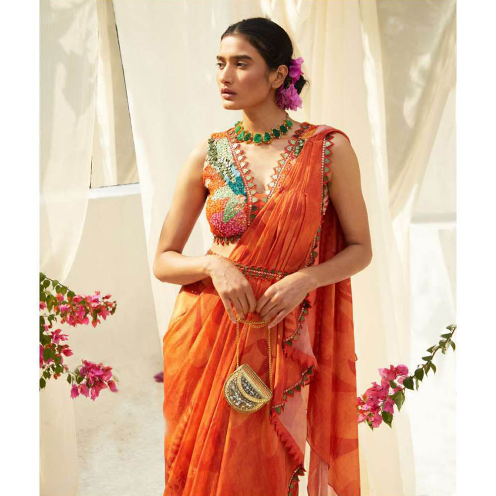 Basil Leaf Orange Pre-Draped Saree with Stitched Blouse and Belt