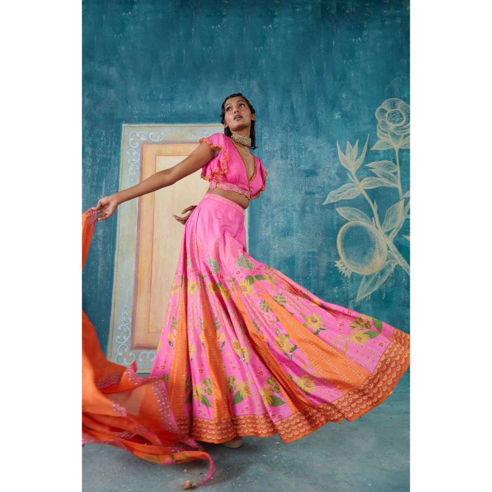 Basil Leaf Pink Lehenga with Blouse and Dupatta (Set of 3)