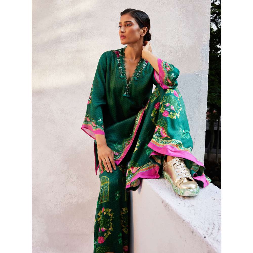 Basil Leaf Bottle Green Kurta with Palazzo and Dupatta (Set of 3)