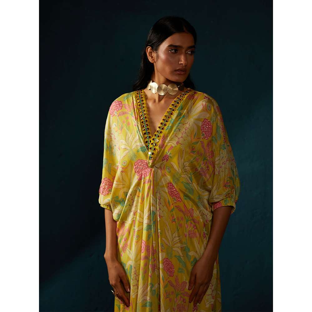 Basil Leaf Yellow Kaftan Dress with Inner (Set of 2)