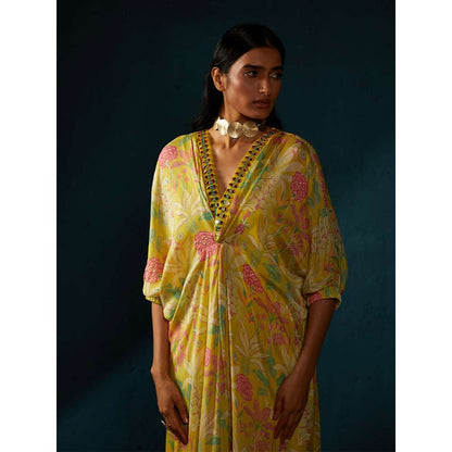 Basil Leaf Yellow Kaftan Dress with Inner (Set of 2)