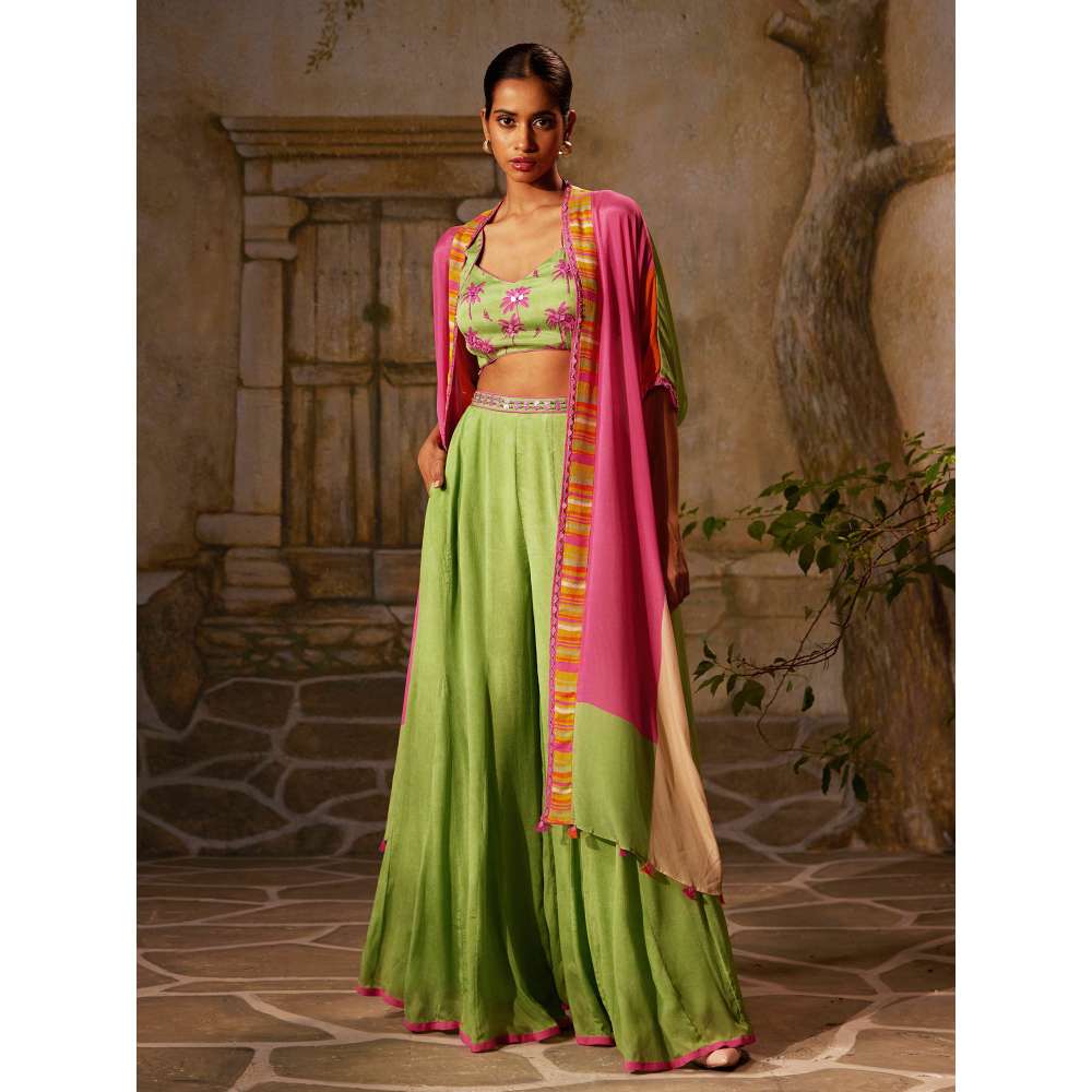 Basil Leaf Green Mint Ethnic Cape with Blouse and Palazzo (Set of 3)