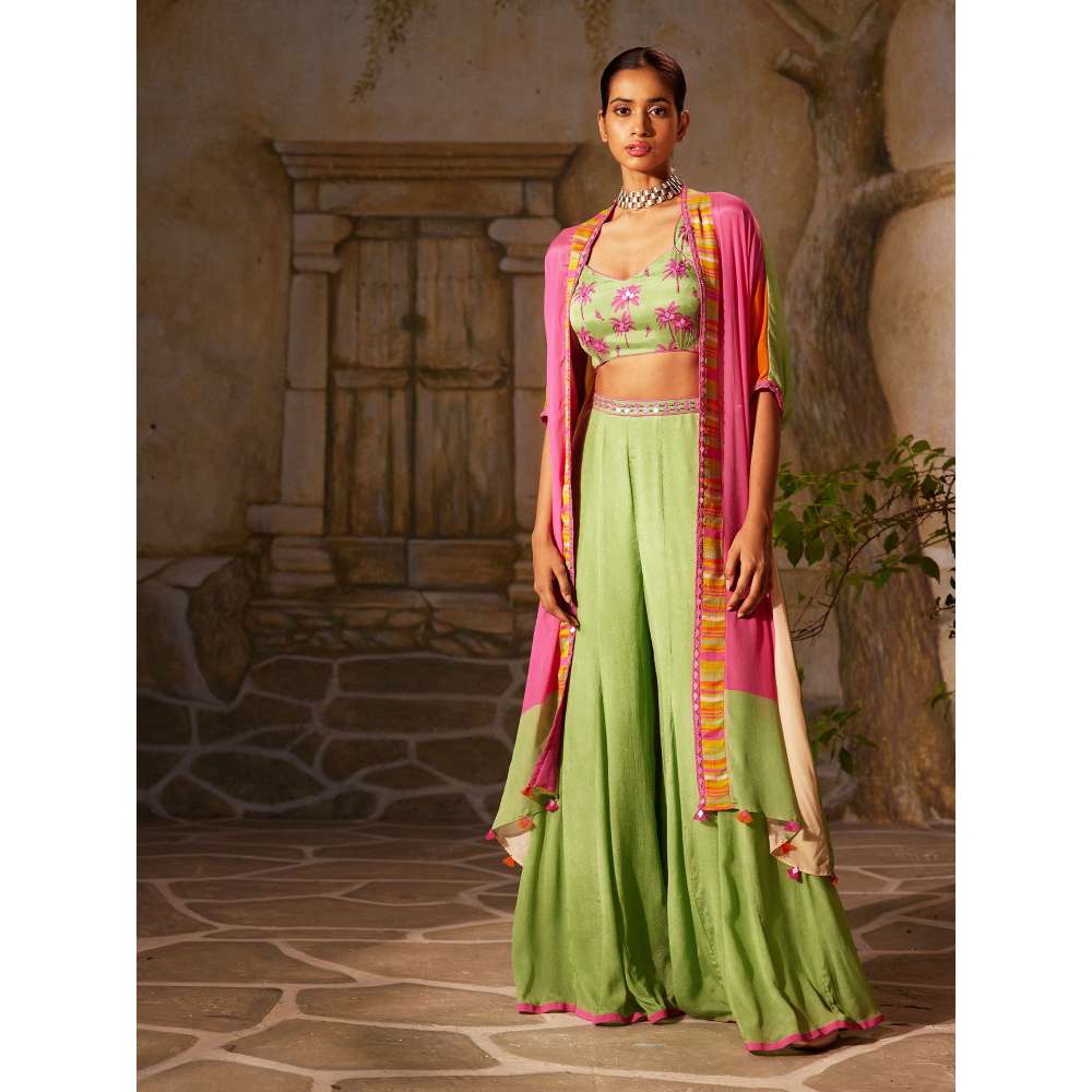 Basil Leaf Green Mint Ethnic Cape with Blouse and Palazzo (Set of 3)