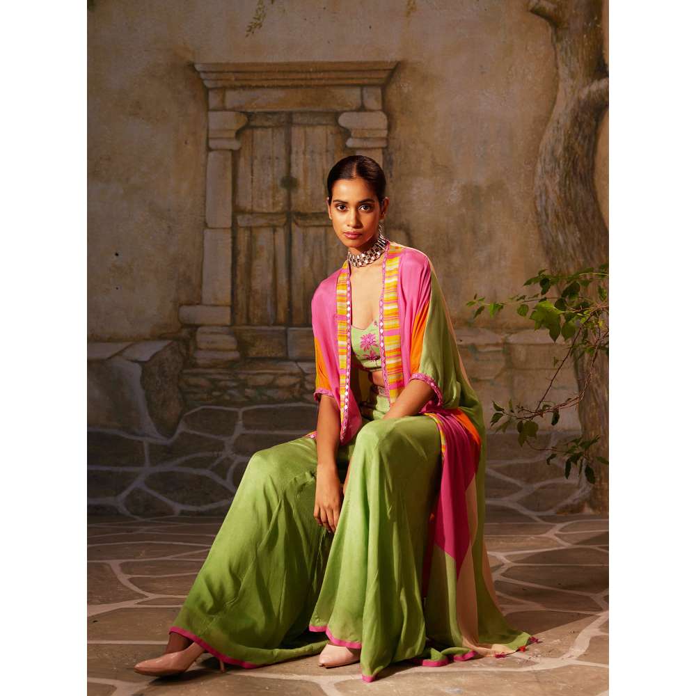 Basil Leaf Green Mint Ethnic Cape with Blouse and Palazzo (Set of 3)