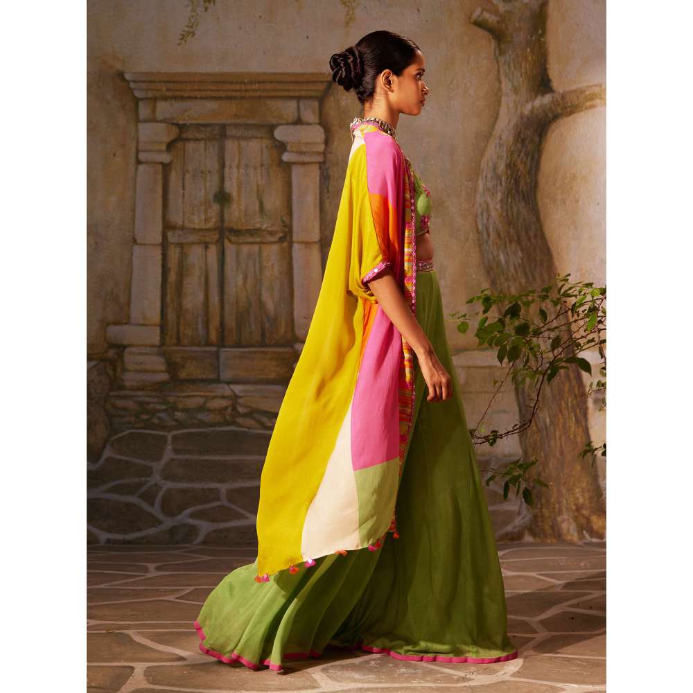 Basil Leaf Green Mint Ethnic Cape with Blouse and Palazzo (Set of 3)