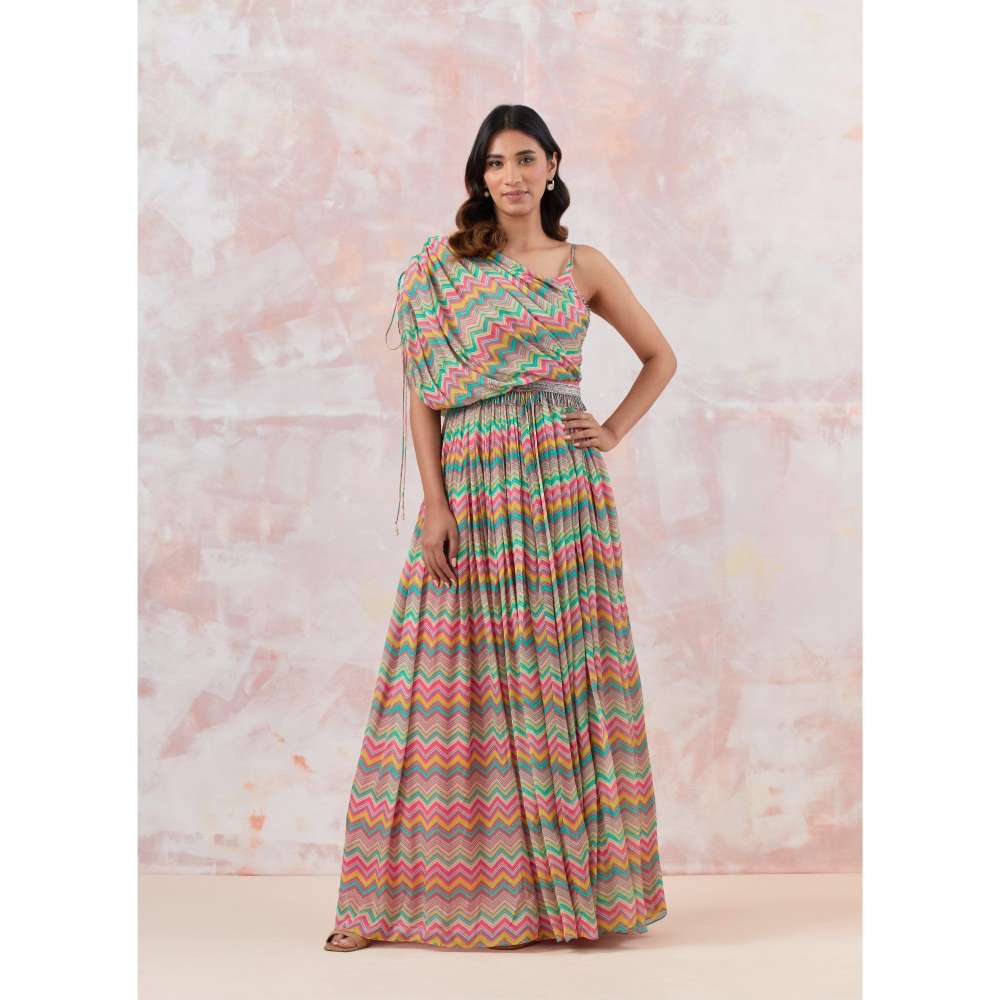 Basanti Kapde aur Koffee Pink Maxi Dress with Embroidered Belt (Set of 2)