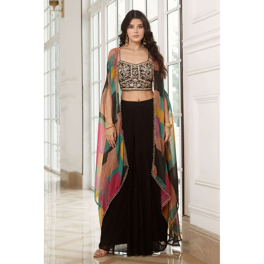 Basanti Kapde aur Koffee Black Top and Sharara With Cape (Set of 3)