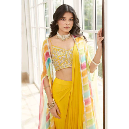 Basanti Kapde aur Koffee Yellow Pre-Draped Cape Saree with Stitched Blouse (Set of 3)
