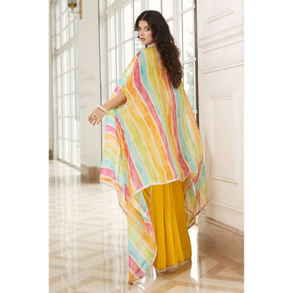 Basanti Kapde aur Koffee Yellow Pre-Draped Cape Saree with Stitched Blouse (Set of 3)