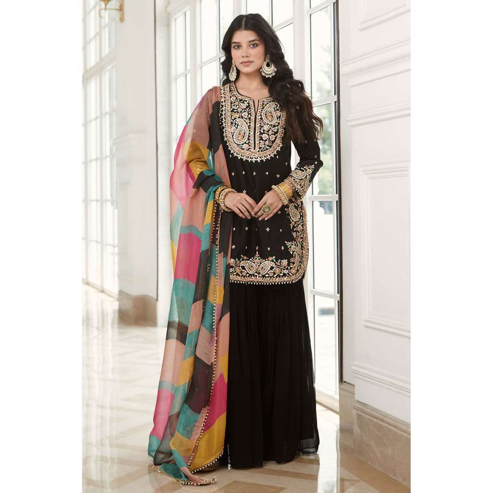 Basanti Kapde aur Koffee Black Embroidered Kurta and Sharara with Dupatta (Set of 3)