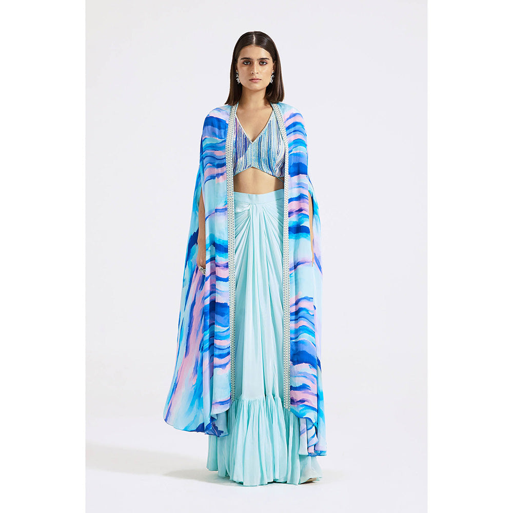 Basanti Kapde aur Koffee Aqua Blue Draped Skirt with Blouse and Cape (Set of 3)