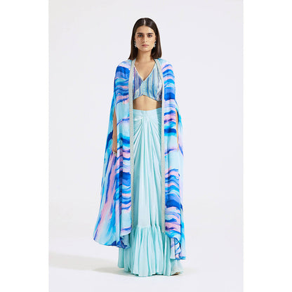 Basanti Kapde aur Koffee Aqua Blue Draped Skirt with Blouse and Cape (Set of 3)