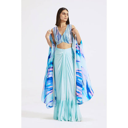 Basanti Kapde aur Koffee Aqua Blue Draped Skirt with Blouse and Cape (Set of 3)