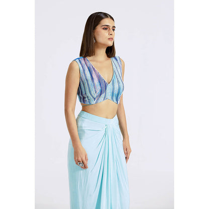 Basanti Kapde aur Koffee Aqua Blue Draped Skirt with Blouse and Cape (Set of 3)