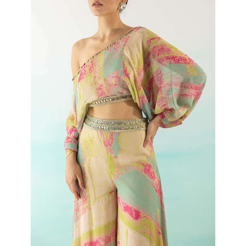 Basanti Kapde aur Koffee Beige One Shoulder Crop Top and Palazzo (Set of 2)