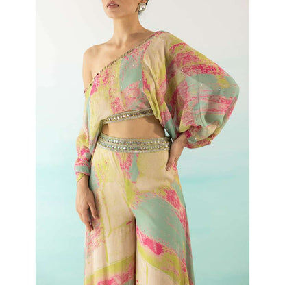 Basanti Kapde aur Koffee Beige One Shoulder Crop Top and Palazzo (Set of 2)