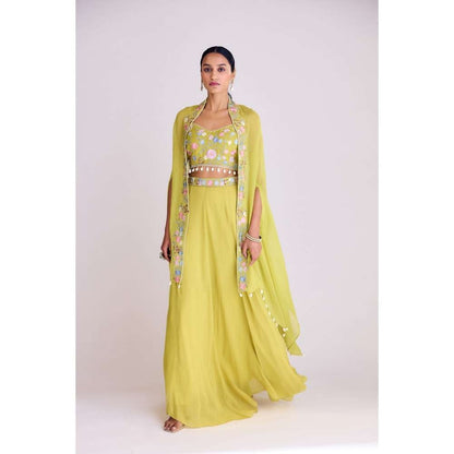 Basanti Kapde aur Koffee Green Georgette Lehenga with Blouse and Cape (Set of 3)