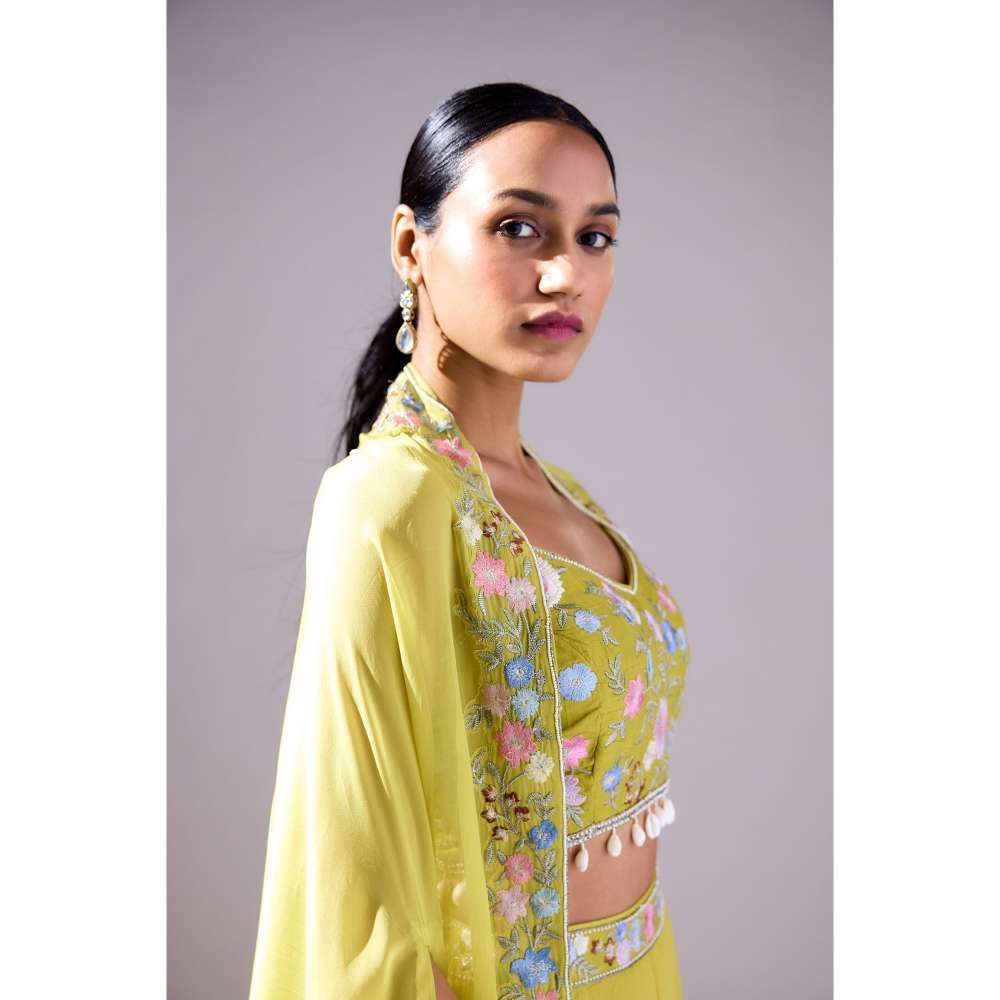 Basanti Kapde aur Koffee Green Georgette Lehenga with Blouse and Cape (Set of 3)