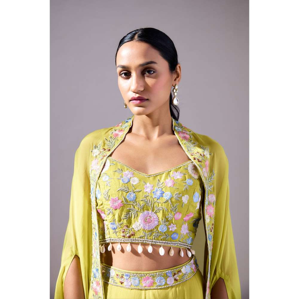 Basanti Kapde aur Koffee Green Georgette Lehenga with Blouse and Cape (Set of 3)
