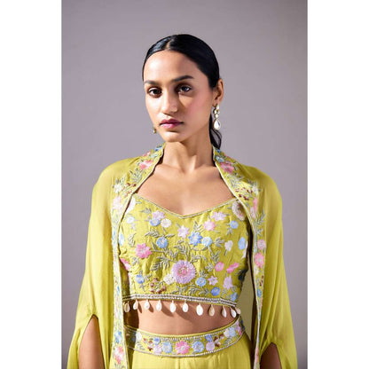 Basanti Kapde aur Koffee Green Georgette Lehenga with Blouse and Cape (Set of 3)