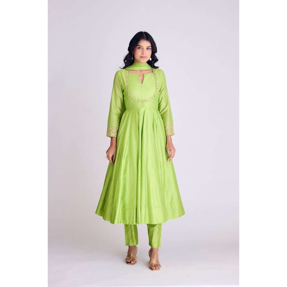 Basanti Kapde aur Koffee Lime Green Embellished Anarkali Kurta with Pant and Dupatta (Set of 3)