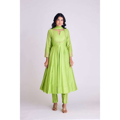 Basanti Kapde aur Koffee Lime Green Embellished Anarkali Kurta with Pant and Dupatta (Set of 3)