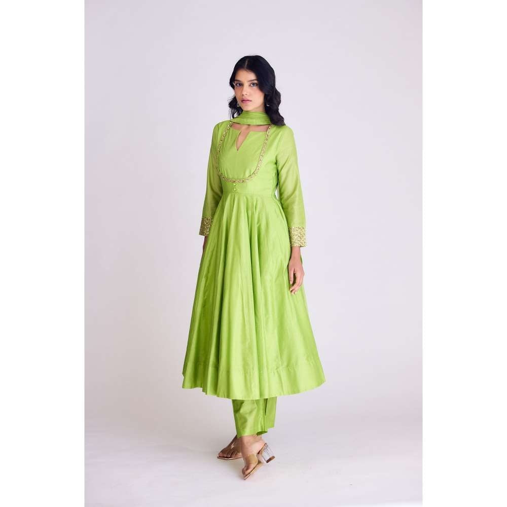 Basanti Kapde aur Koffee Lime Green Embellished Anarkali Kurta with Pant and Dupatta (Set of 3)