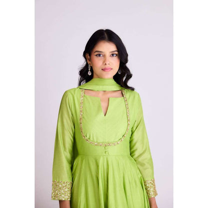 Basanti Kapde aur Koffee Lime Green Embellished Anarkali Kurta with Pant and Dupatta (Set of 3)