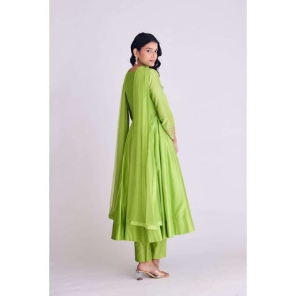 Basanti Kapde aur Koffee Lime Green Embellished Anarkali Kurta with Pant and Dupatta (Set of 3)