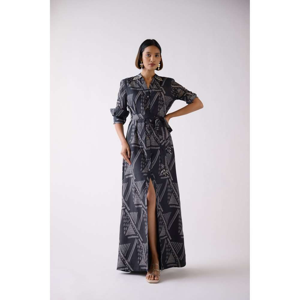 Basanti Kapde aur Koffee Black Muslin Abstract Print Dress with Belt (Set of 2)