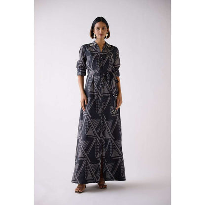 Basanti Kapde aur Koffee Black Muslin Abstract Print Dress with Belt (Set of 2)