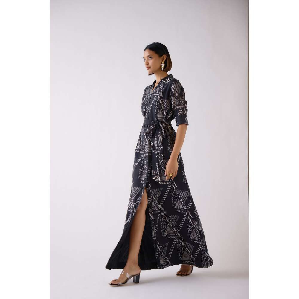 Basanti Kapde aur Koffee Black Muslin Abstract Print Dress with Belt (Set of 2)