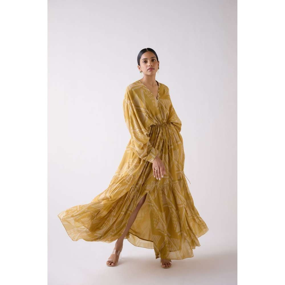Basanti Kapde aur Koffee Yellow Muslin Abstract Print Kaftan Dress
