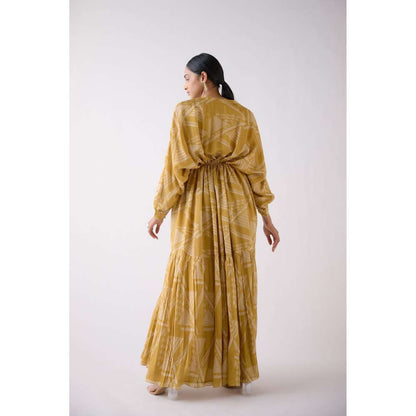 Basanti Kapde aur Koffee Yellow Muslin Abstract Print Kaftan Dress