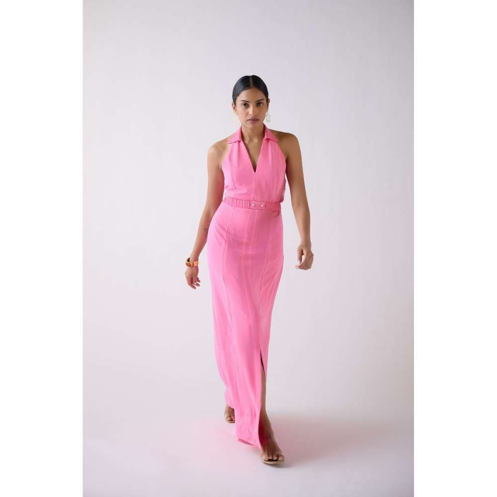 Basanti Kapde aur Koffee Pink Shanley Lace Dress with Belt (Set of 2)