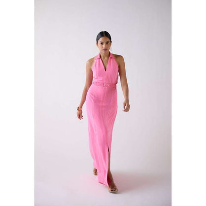 Basanti Kapde aur Koffee Pink Shanley Lace Dress with Belt (Set of 2)